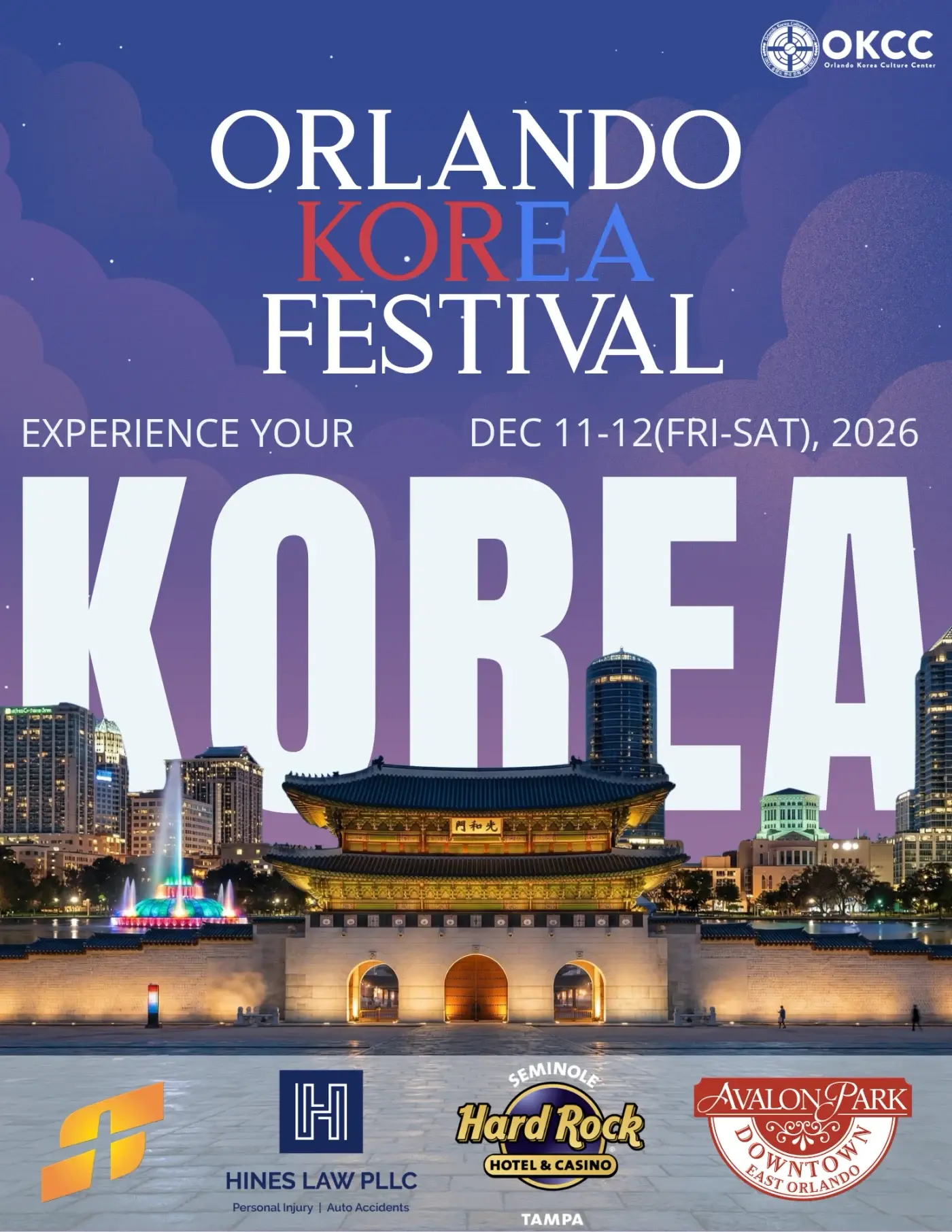 Orlando Korea Festival poster: December 11, 3–9 PM · December 12, 10 AM–4 PM, 2026, 3651 Avalon Park E Blvd, Orlando, FL 32828. The details are in the text on this page.